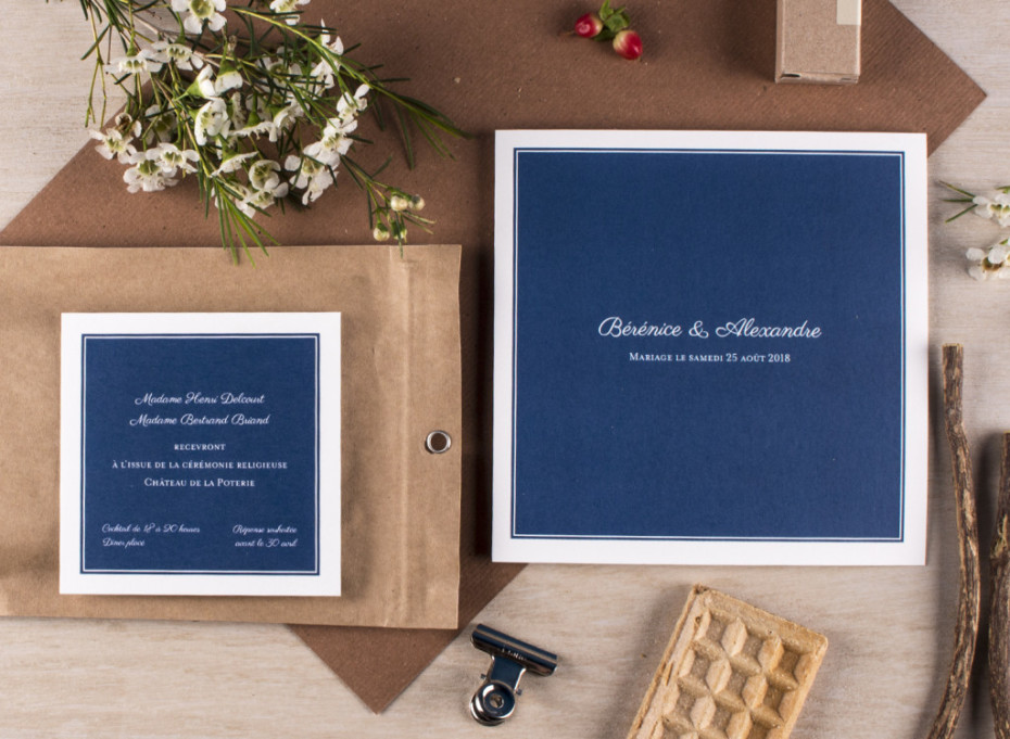 Faire-part de mariage bleu et carton d'invitation carré chic