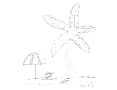 Claire-Marie dessine les cocotiers... et la plage