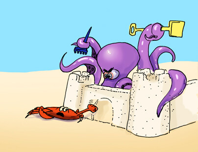 laura dessine une méchante pieuvre sur la plage