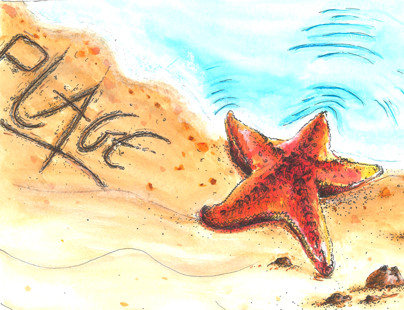 elen dessine la plage et une étoile de mer